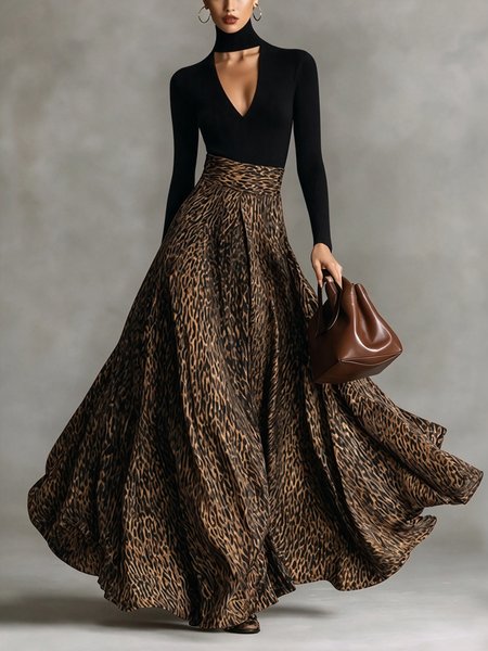 Elegant Leopard Split Joint Turtleneck Maxi Dress