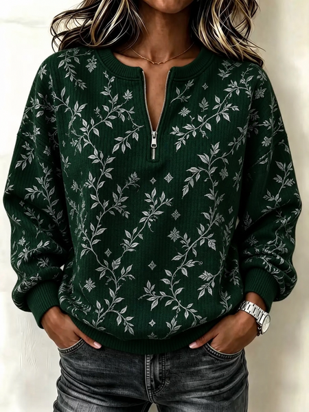 Vintage Floral Half Open Collar Long Sleeve Sweatshirt