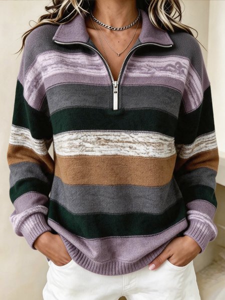 Casual Striped Stand Collar Long Sleeve Sweatshirt