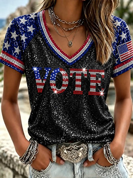 Casual Text Letters Crew Neck Short Sleeve T-shirt