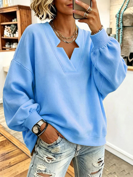 Casual Plain V Neck Long Sleeve Sweatshirt
