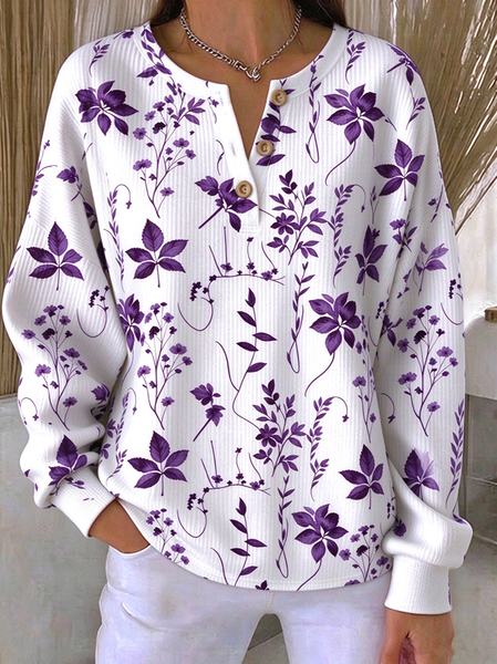 Casual Floral Henley Collar Long Sleeve Sweatshirt
