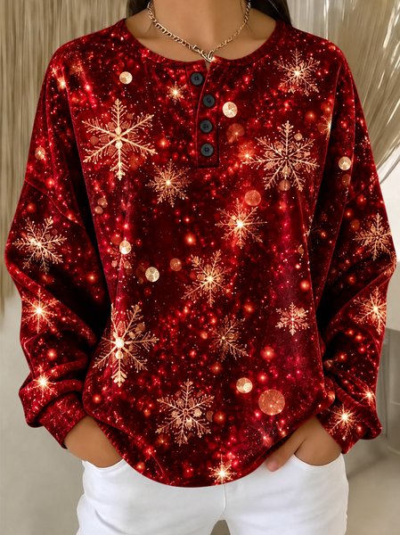 Women Christmas Henley Collar Casual Spring/Fall Long Sleeve Sweatshirt