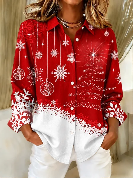 Women Snowflake Shirt Collar Long Sleeve Shirt Printing Vintage Holiday Spring/Fall Top