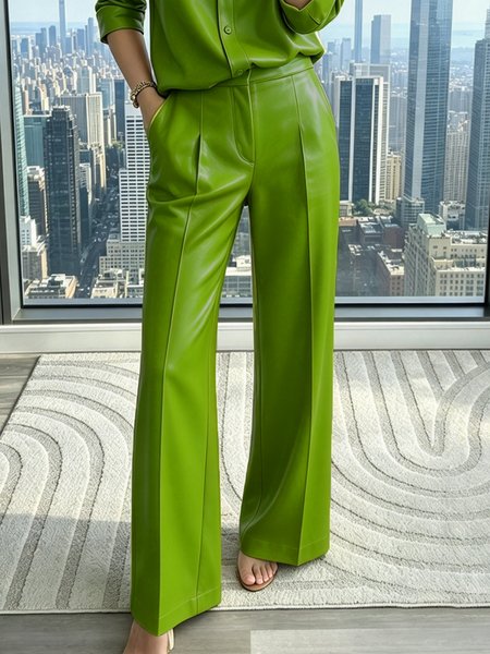 Urban Solid PU Leather High Waist Straight Leg Long Pants