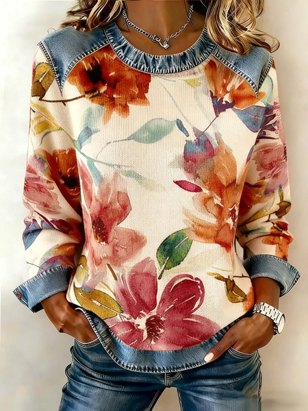 Vintage Floral Crew Neck Long Sleeve Sweatshirt