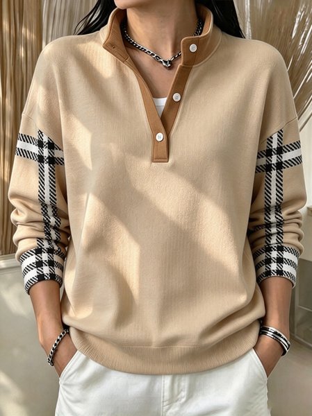 Casual Plaid Stand Collar Long Sleeve Sweatshirt