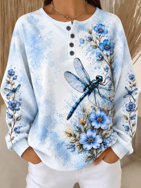 Casual Floral Henley Collar Long Sleeve Sweatshirt