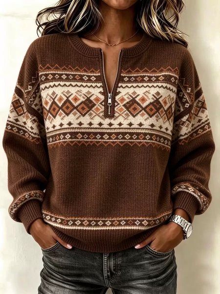 Vintage Geometric Half Open Collar Long Sleeve Sweatshirt