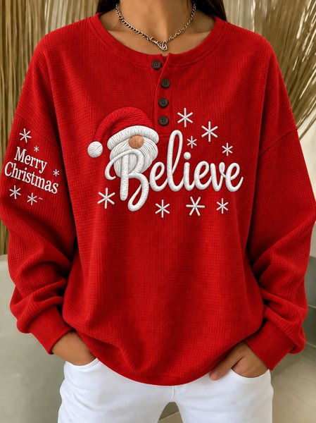 Women Text Letters Henley Collar Casual Spring/Fall Long Sleeve Sweatshirt