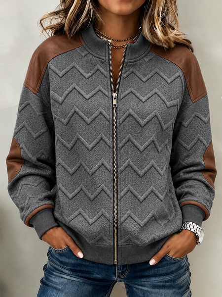 Women Spring/Fall Outerwear Vintage Zipper Abstract Long Sleeve Stand Collar Jacket