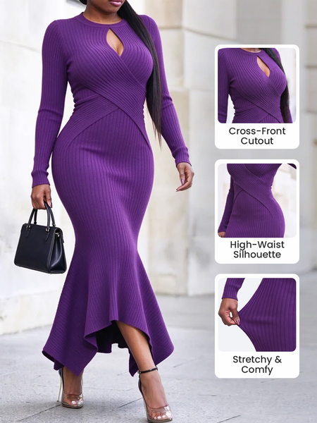 High Elasticity Elegant Plain Cross Crew Neck Maxi Dress