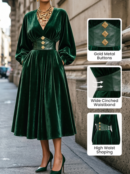 Elegant Plain Split Joint V Neck Midi Dress