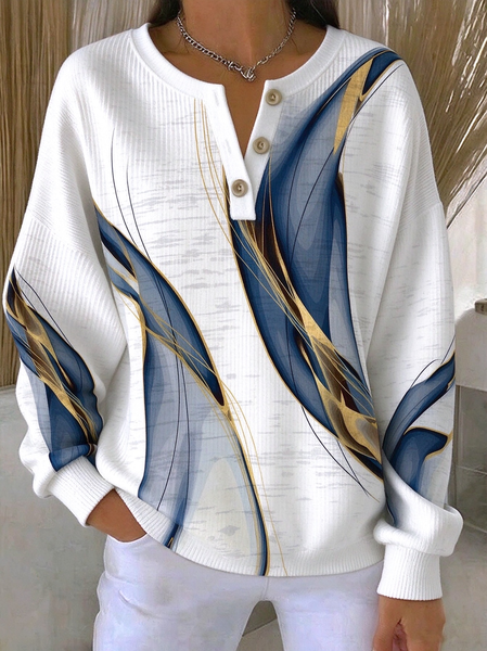 Women Abstract Henley Collar Casual Spring/Fall Long Sleeve Sweatshirt