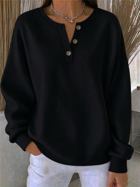 Casual Plain Henley Collar Long Sleeve Sweatshirt