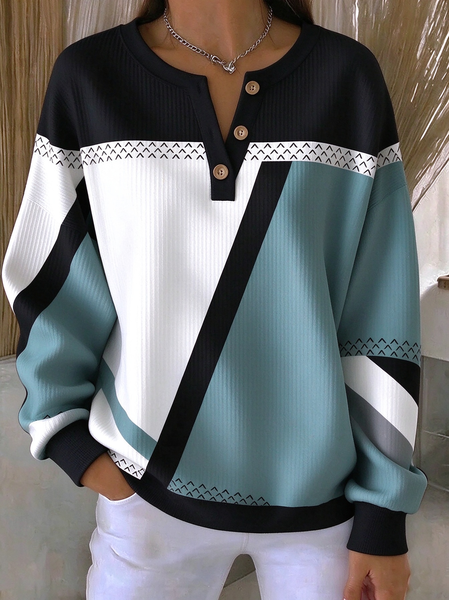 Casual Abstract Graphic Henley Collar Long Sleeve Sweatshirt