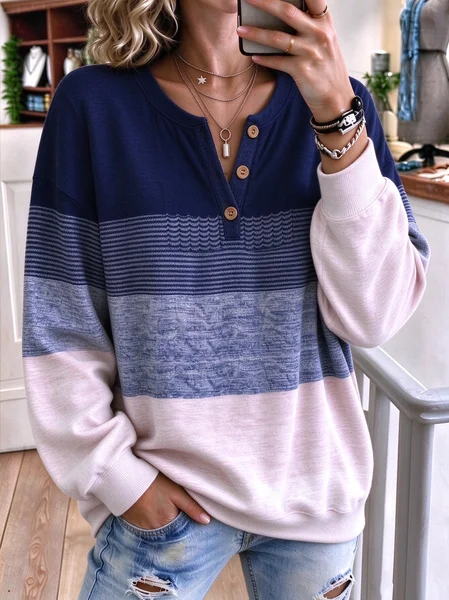 Women Abstract Henley Collar Casual Spring/Fall Long Sleeve Sweatshirt