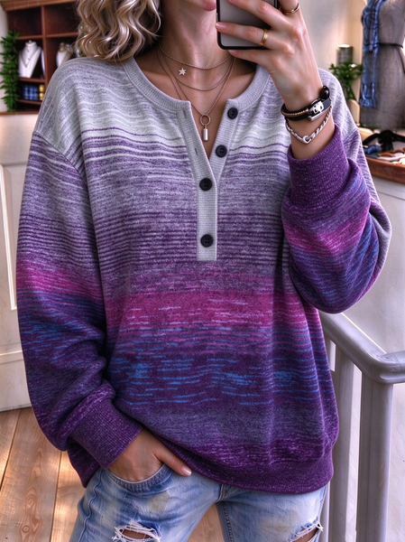 Women Abstract Henley Collar Casual Spring/Fall Long Sleeve Sweatshirt