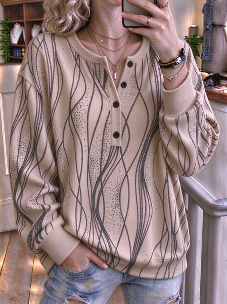 Women Abstract Henley Collar Casual Spring/Fall Long Sleeve Sweatshirt