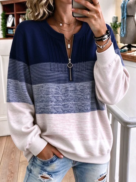 Women Color Block Crew Neck Casual Spring/Fall Long Sleeve Sweatshirt