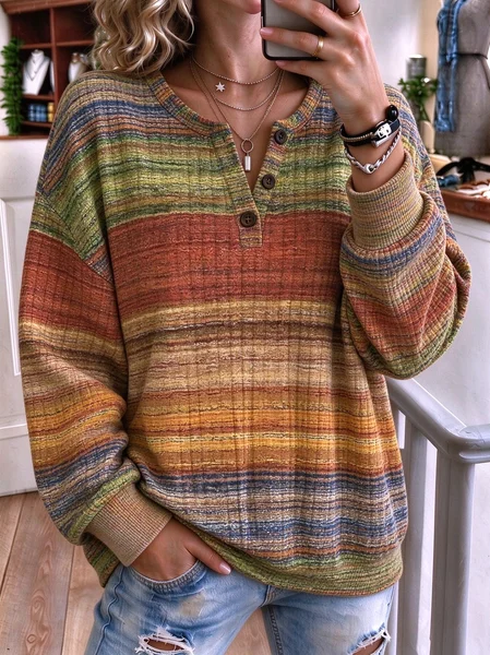 Women Abstract Henley Collar Vintage Spring/Fall Long Sleeve Sweatshirt