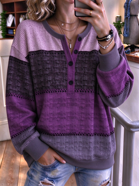 Women Abstract Henley Collar Casual Spring/Fall Long Sleeve Sweatshirt