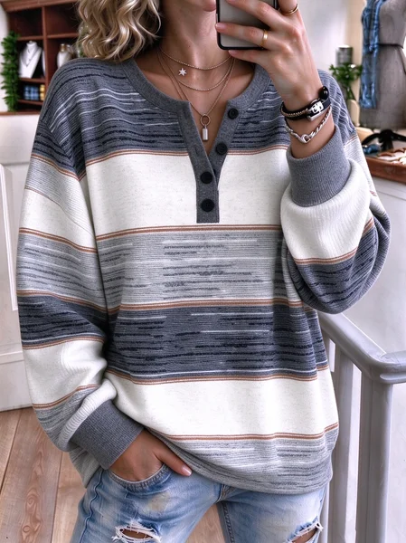 Women Abstract Henley Collar Casual Spring/Fall Long Sleeve Sweatshirt