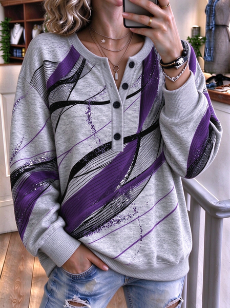Women Abstract Henley Collar Casual Spring/Fall Long Sleeve Sweatshirt