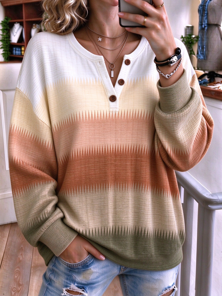 Women Abstract Henley Collar Casual Spring/Fall Long Sleeve Sweatshirt