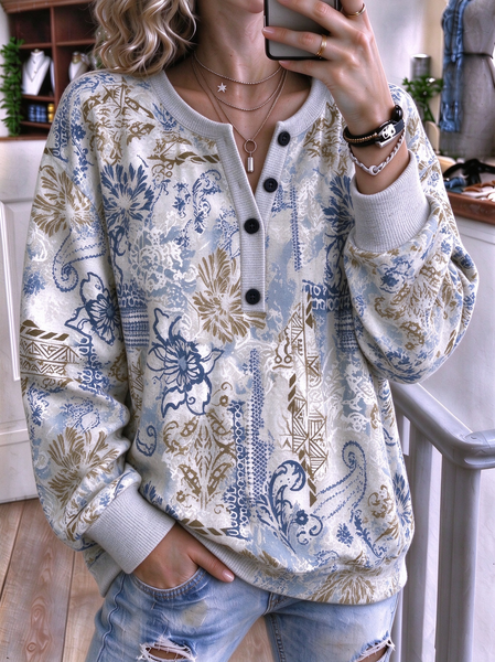 Women Floral Henley Collar Vintage Spring/Fall Long Sleeve Sweatshirt