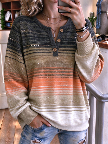 Women Abstract Henley Collar Vintage Spring/Fall Long Sleeve Sweatshirt