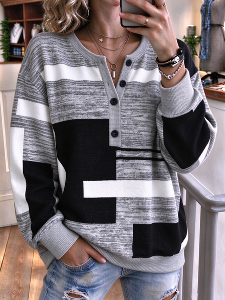 Women Abstract Graphic Henley Collar Casual Spring/Fall Long Sleeve Sweatshirt