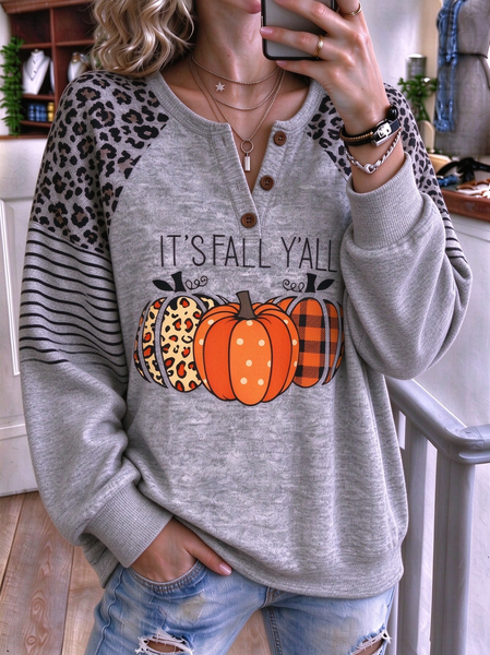 Women Striped Henley Collar Vintage Spring/Fall Long Sleeve Sweatshirt
