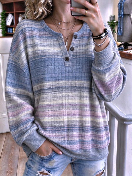 Women Abstract Henley Collar Vintage Spring/Fall Long Sleeve Sweatshirt