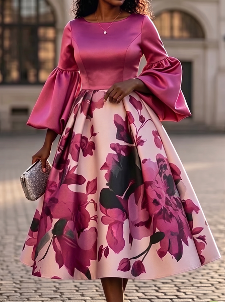 Elegant Floral Printing Crew Neck Maxi Dress
