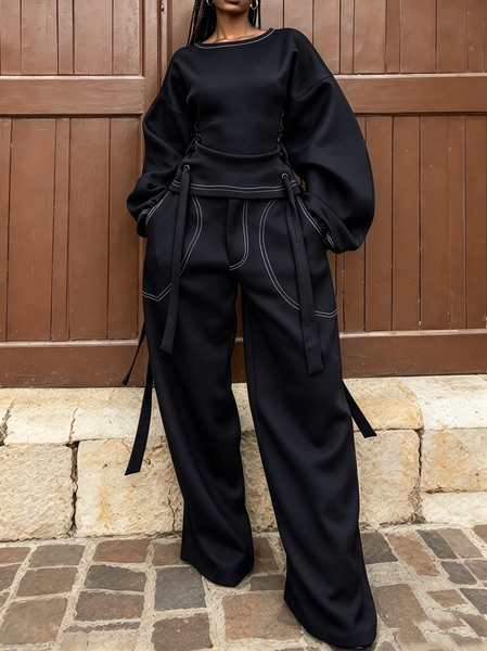Casual Solid High Waist Wide Leg Long Loose Pants