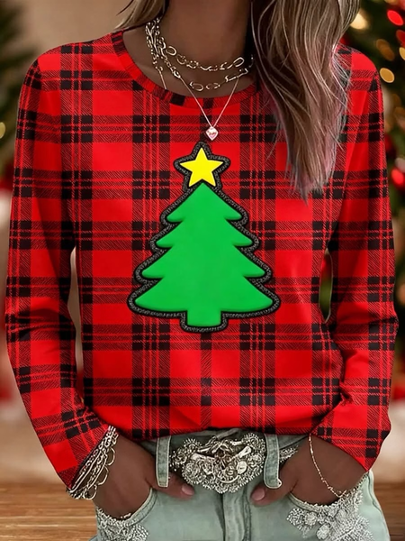 Women Plaid Long Sleeve Tee T-shirt Crew Neck Printing Casual Spring/Fall Top