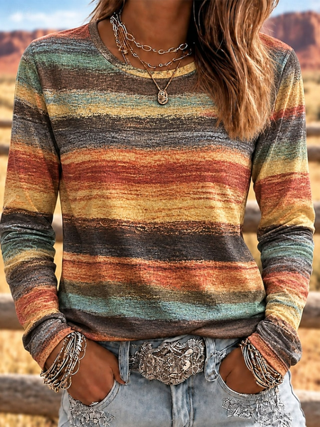 Women Abstract Long Sleeve Tee T-shirt Crew Neck Printing Casual Spring/Fall Top