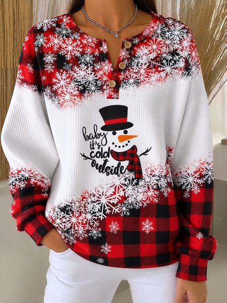 Women Plaid Henley Collar Printing Vintage Spring/Fall Long Sleeve Sweatshirt