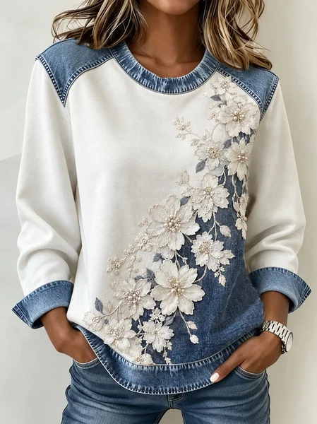 Casual Floral Crew Neck Long Sleeve Sweatshirt