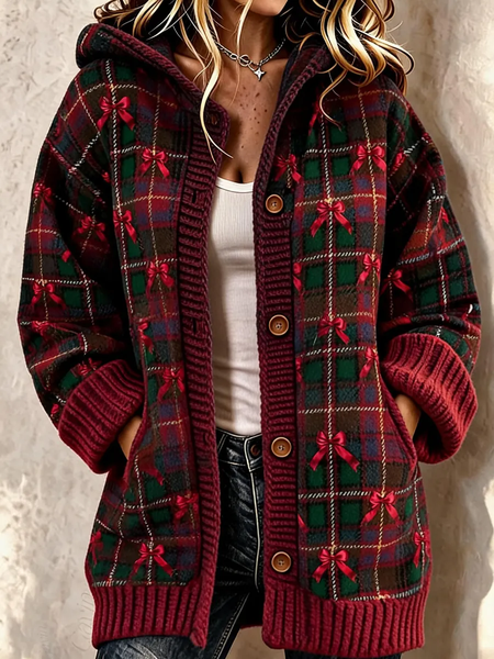 Women Plaid Long Sleeve Comfy Vintage Printing Cardigan