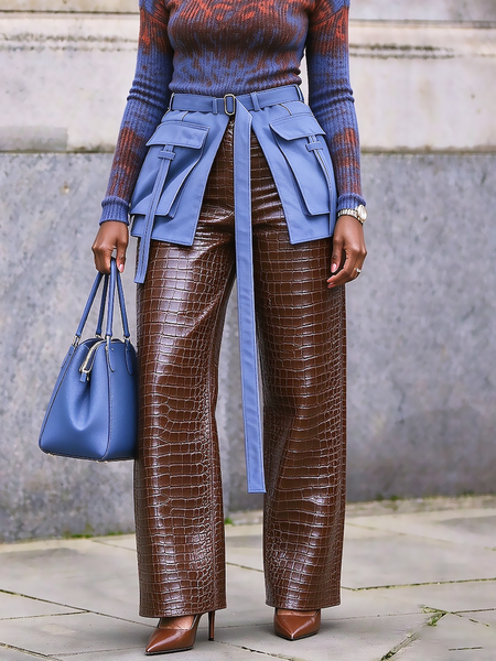 Urban Color Block Straight Pants Faux Leather Pant Lncludes Outer Layer