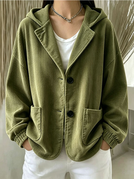 Women Spring/Fall Outerwear Vintage Buckle Plain Long Sleeve Hoodie Jacket