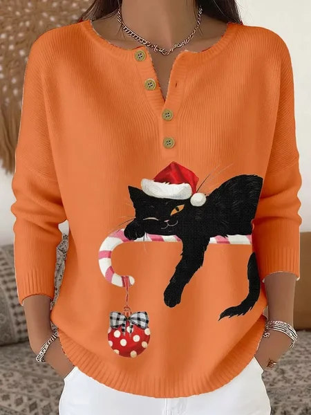 Women Cotton Christmas Long Sleeve Comfy Casual Printing Sweater
