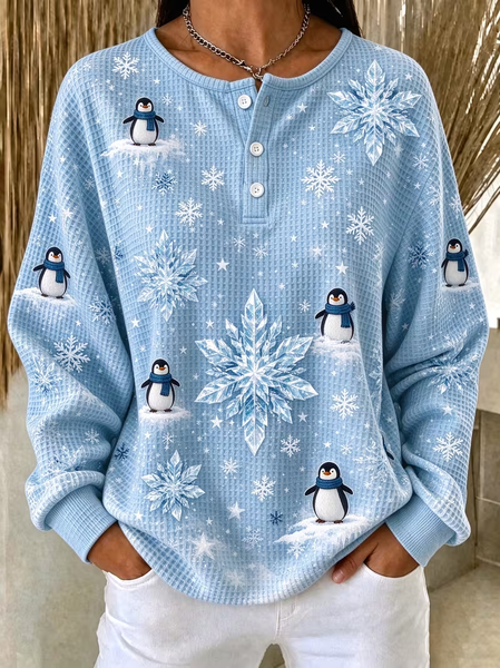 Women Christmas Henley Collar Printing Vintage Spring/Fall Long Sleeve Sweatshirt