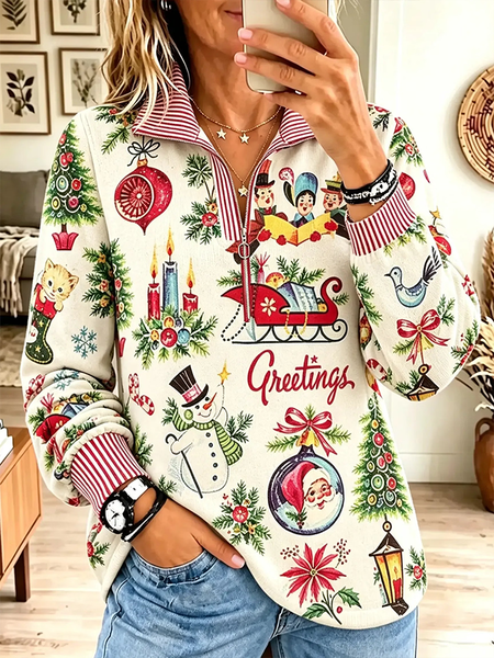 Casual Striped Shawl Collar Long Sleeve Sweatshirt