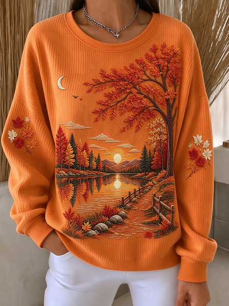 Women Maple Leaf Crew Neck Printing Casual Spring/Fall Long Sleeve Sweatshirt