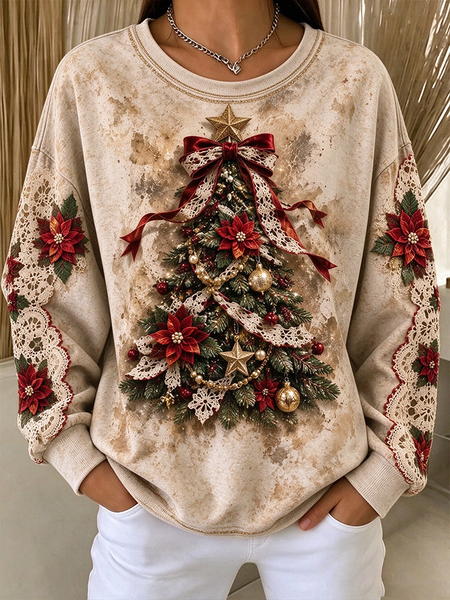 Women Christmas Crew Neck Printing Vintage Spring/Fall Long Sleeve Sweatshirt