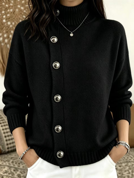 Women Plain Long Sleeve Comfy Vintage Buckle Sweater