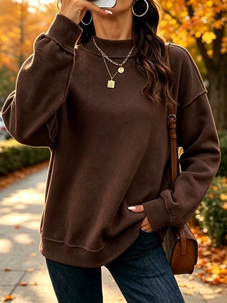 Casual Plain Mock Neck Long Sleeve Sweatshirt